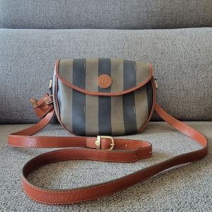 Fendi Pequin Stripe Coated Canvas Small Crossbody Bag w/Fendi Luggage Tag